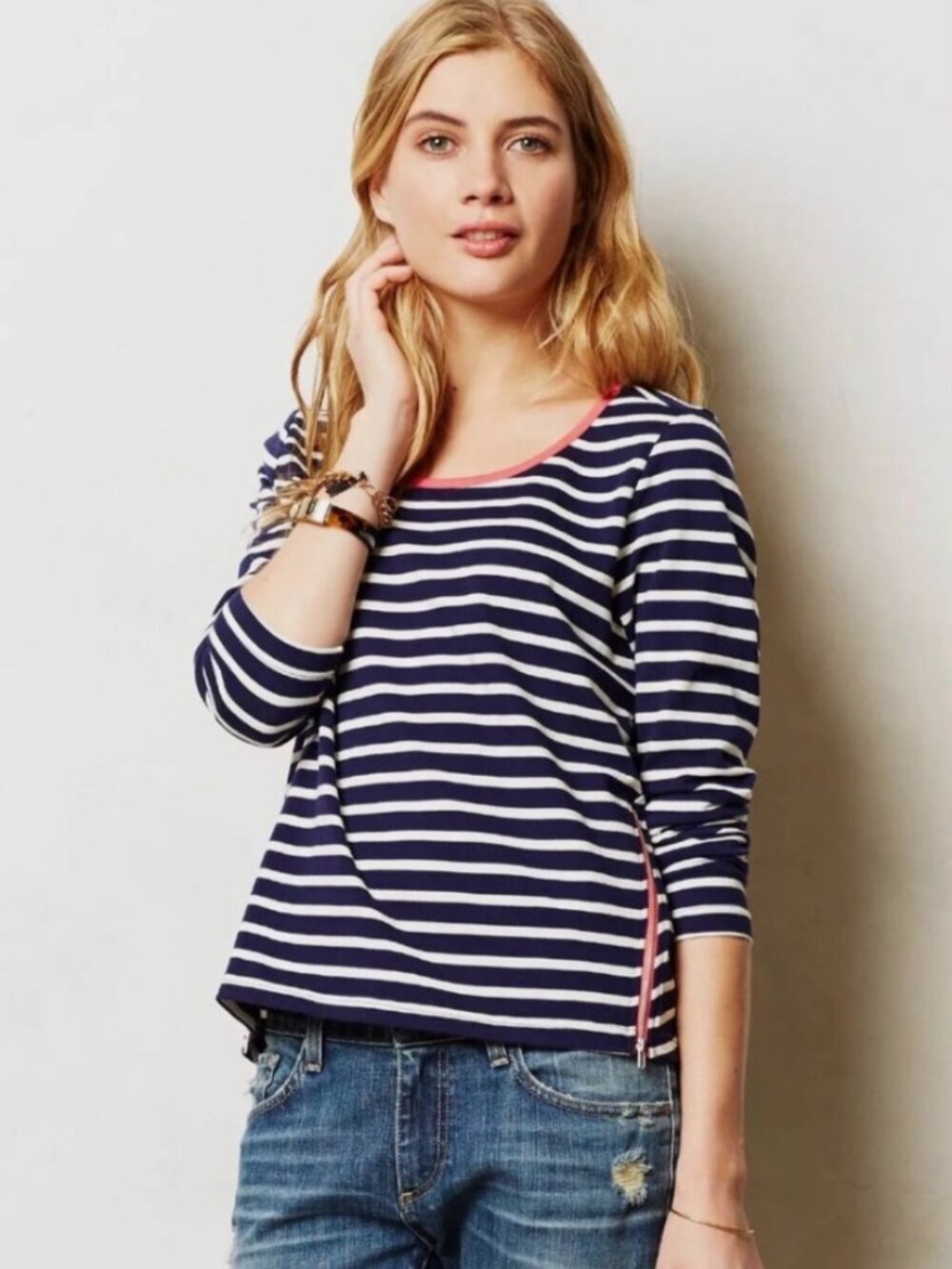 Lili'S Closet Anthropologie Shirt Striped Pink Zipper Long Sleeve  Sz M